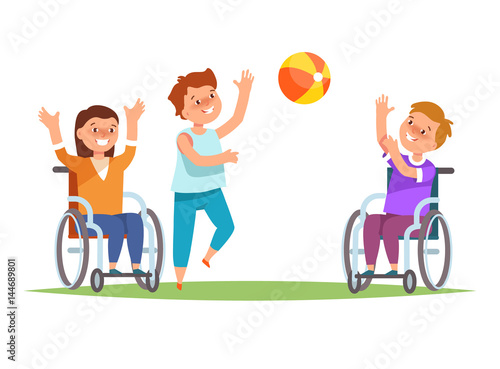 Group happy summer kids play together with ball . Vector illustration in cartoon style child beach suit clothes isolated