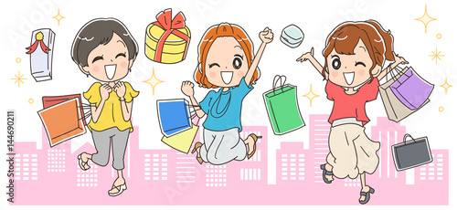街中で買い物する女性のイラスト
