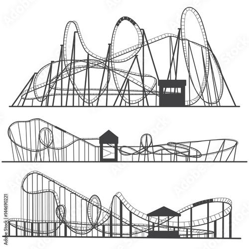 Set of silhouettes Roller coaster. Rollercoaster or amusement park rollers isolated on white background.