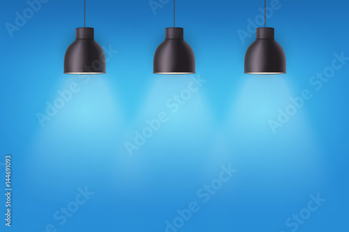 Vintage metal stylish cone lamps on blue painting wall. Original Retro design. Hang ceiling model. Vector illustration Isolated on white background.