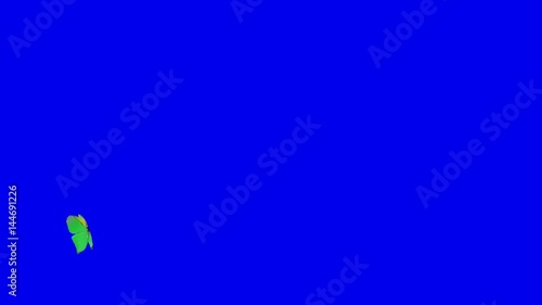 A green butterfly flies along the screen on a blue background 