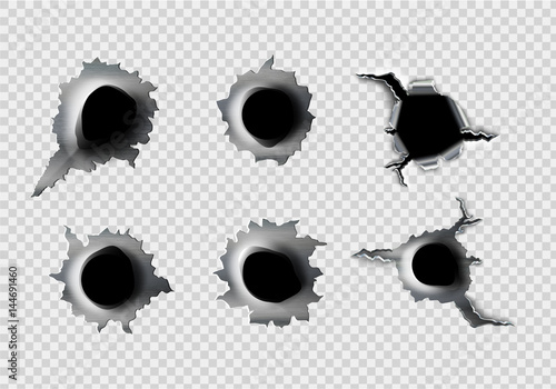 Fotografering ragged hole in metal from bullets on White transparent