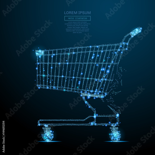 Abstract image of a shopping cart in the form of a starry sky or space, consisting of points, lines, and shapes in the form of planets, stars and the universe. Vector business