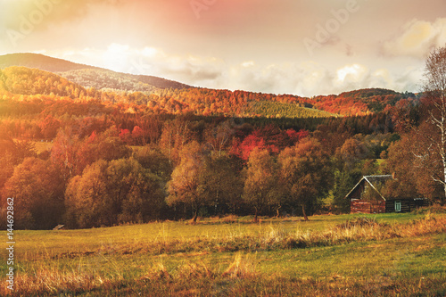 Amazing mountain landscape with fog. Beskid Mountains. Poland. Mountains scenery