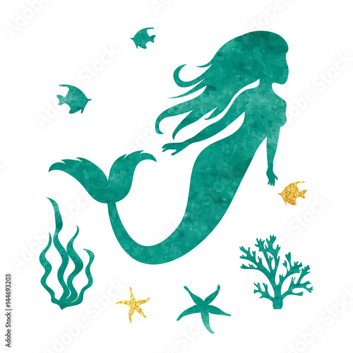 Watercolor mermaid silhouette. Vector marine illustration. 