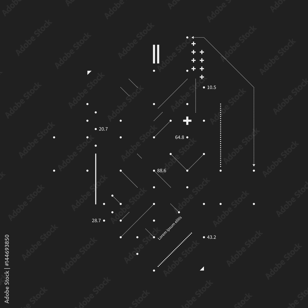 Complex design element in glitch style on black background. Useful for prints, posters and covers. Complex design element in glitch style on black background. Useful for prints, posters and covers.