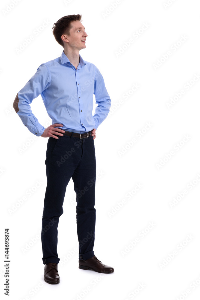 full body of a confident casual business man looking up full body of a confident casual business man looking up