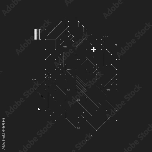 Complex design element in glitch style on black background. Useful for prints, posters and covers.