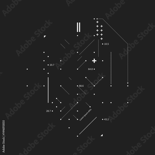 Complex design element in glitch style on black background. Useful for prints, posters and covers.