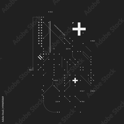 Complex design element in glitch style on black background. Useful for prints, posters and covers.