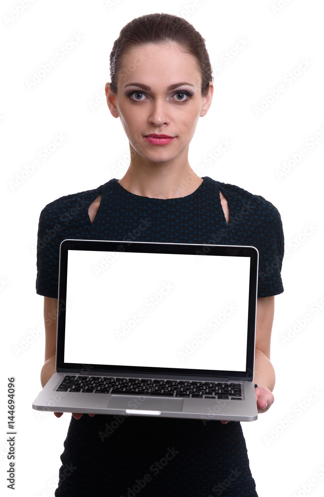 woman showing a blank screen of laptop