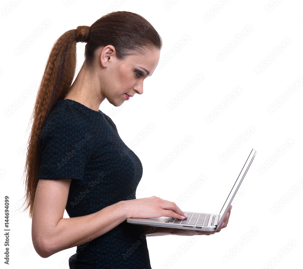 Naklejka premium business woman use laptop computer. Isolated