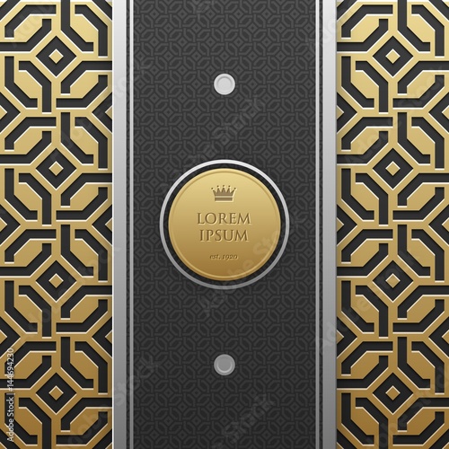 Vertical banner template on golden metallic background with seamless geometric pattern. Elegant luxury style.