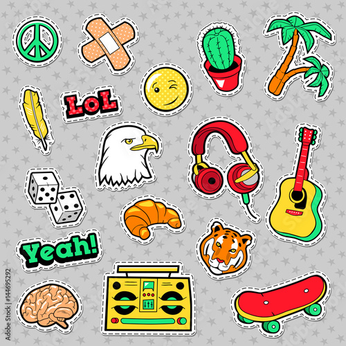 Fashion Badges, Patches, Stickers set with Hippie Elements, Skateboard, Peace Sign, Guitar and Palms. Vector illustration