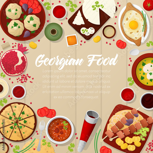 Georgian Cuisine Traditional Food with Khachapuri. Vector illustration