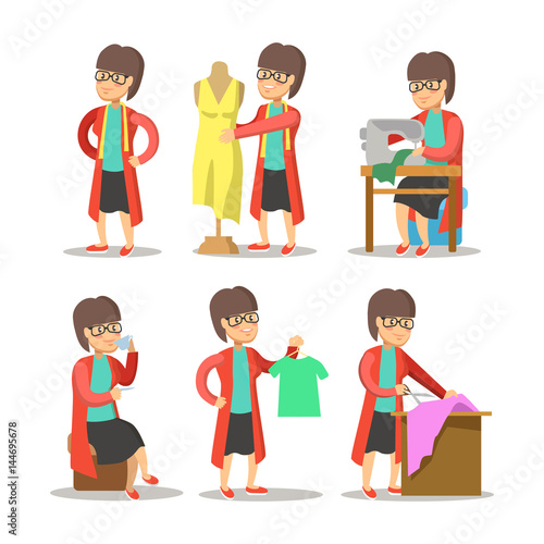 Woman Fashion Designer Cartoon. Dressmaker with Mannequin. Vector character illustration