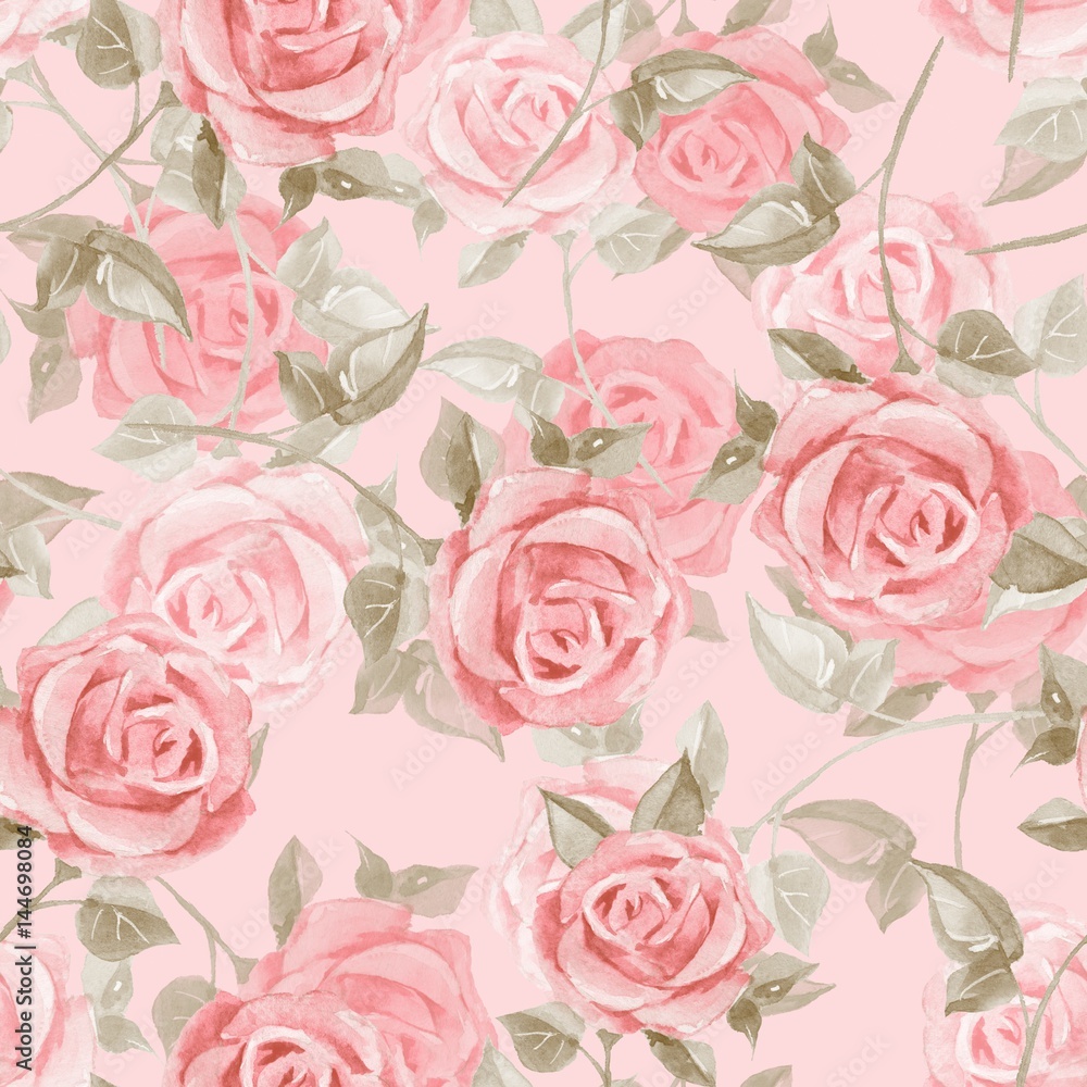 Hand drawn watercolor floral seamless pattern. Roses