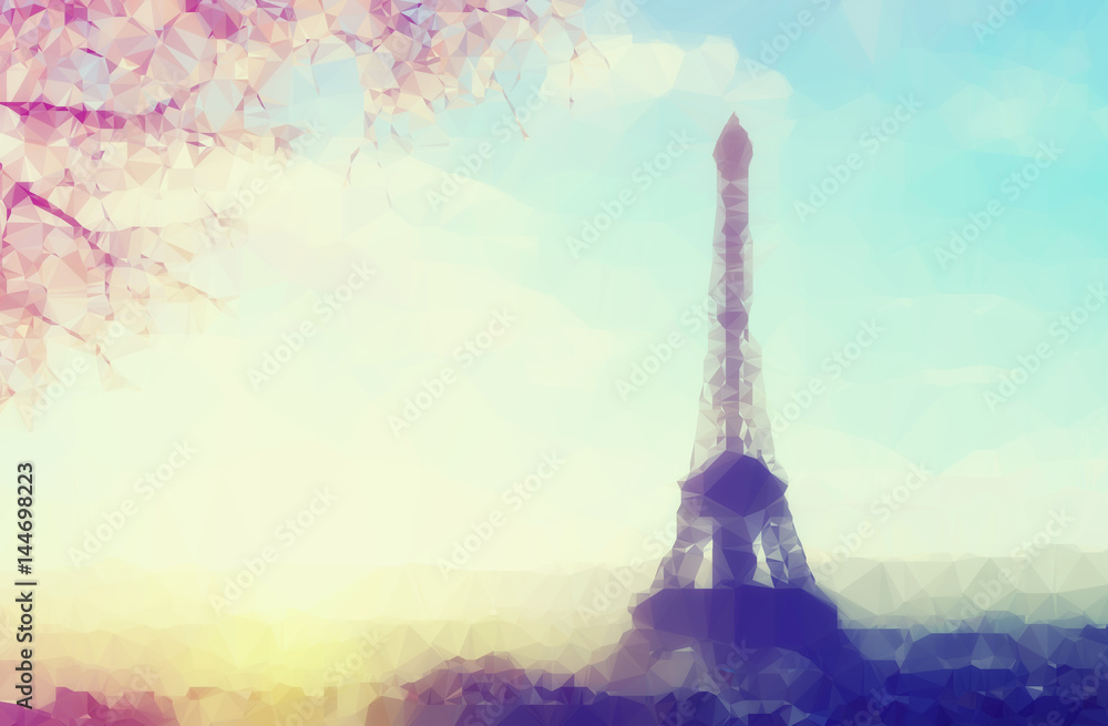 Vintage colored abstract polygonal Illustration of Eiffel tower in Paris, France at spring  sunset 