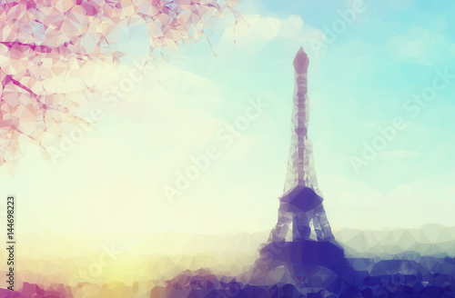 Fototapeta Naklejka Na Ścianę i Meble -  Vintage colored abstract polygonal Illustration of Eiffel tower in Paris, France at spring  sunset 