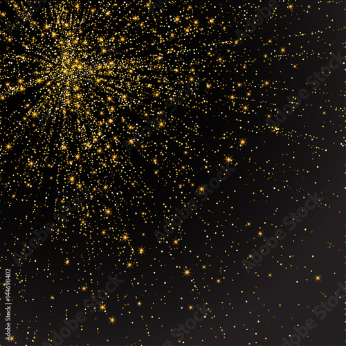Festive explosion of confetti. Gold glitter background for the card, invitation. Holiday Decorative element. Illustration of falling shiny particles and stars isolated on dark background.