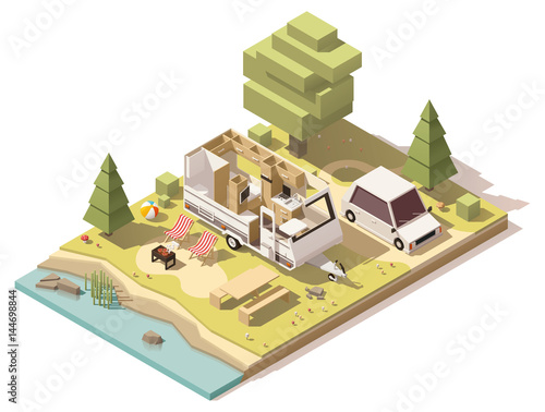 Vector isometric low poly camper in campsite