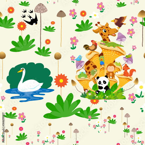 Seamless pattern with animals and flowers spring time