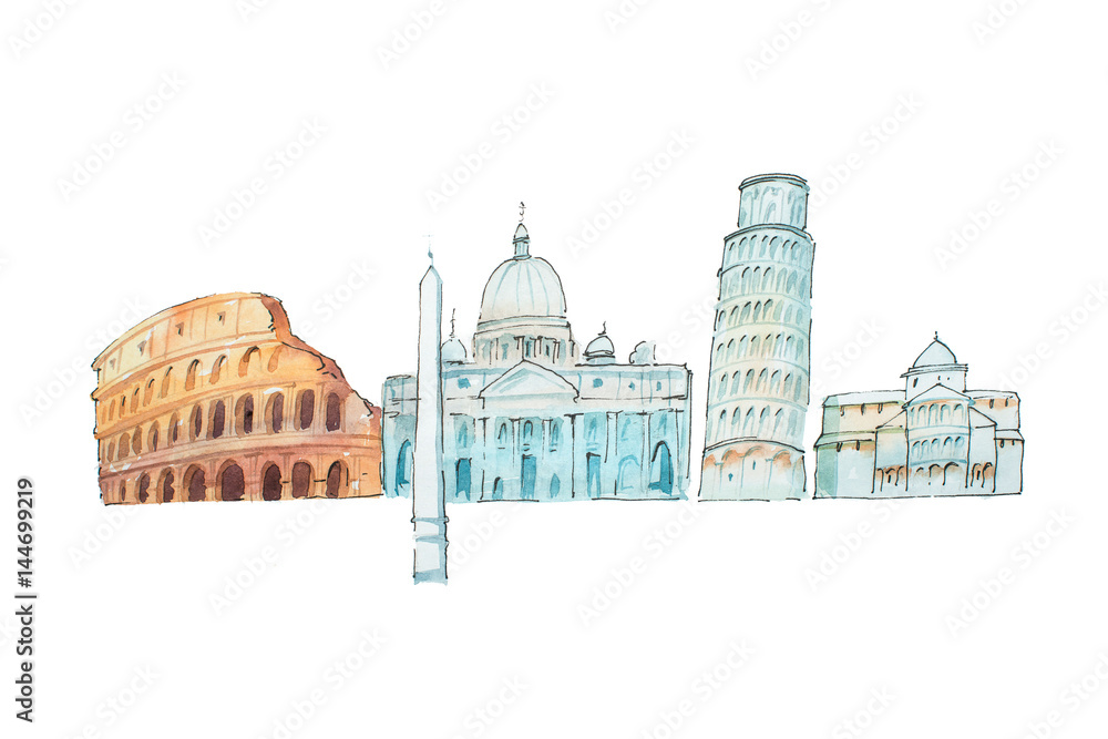 Famous Italian landmarks travel and tourism waercolor illustration.