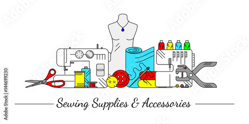Linear style design collage with sewing icons. Accessories and supplies for tailor studio, sewing store or project. For web-pages, advertising site, signboard or cover. Vector illustration.