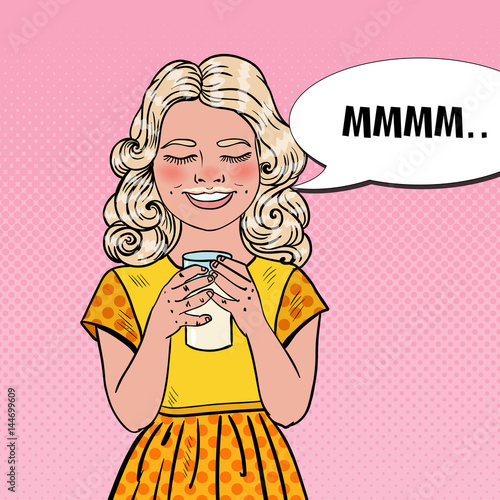 Cheerful Girl Drinking Milk. Healthy Eating. Pop Art Vector illustration