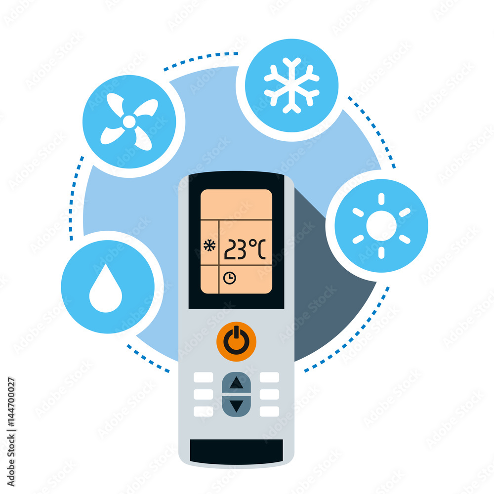 Climate control system concept. Air conditioner remote control and air