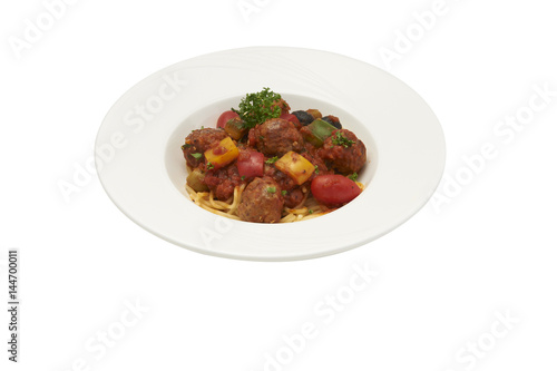Italian meatballs in a spicy tomato sauce isolated on white background, clipping path.