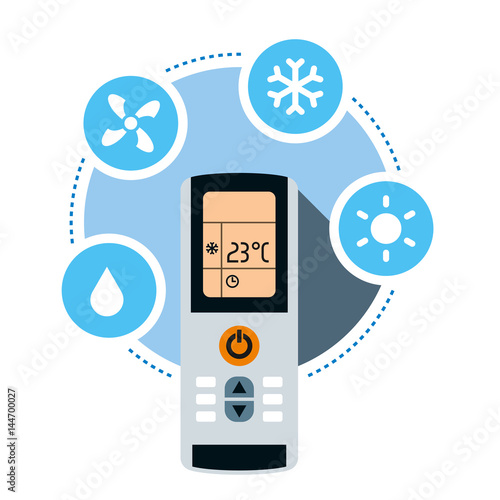 Climate control system concept. Air conditioner remote control and air conditioning symbols. Vector illustration isolated on white background.