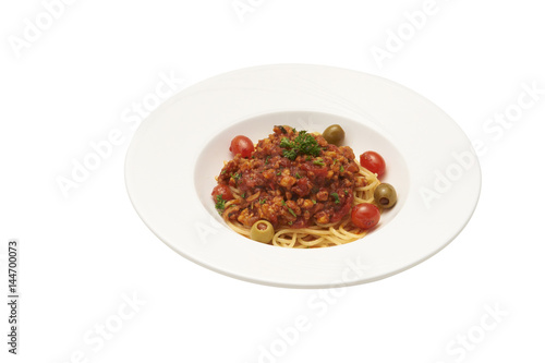 Spaghetti with tomato sauce pork chops isolate on white background and clipping path.