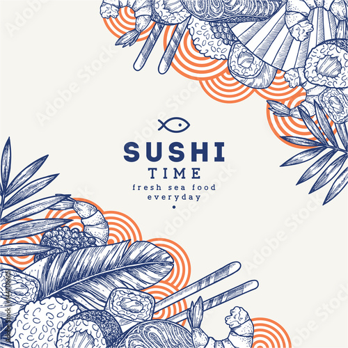 Sushi restaurant vintage design template. Asian food background. Vector illustration
