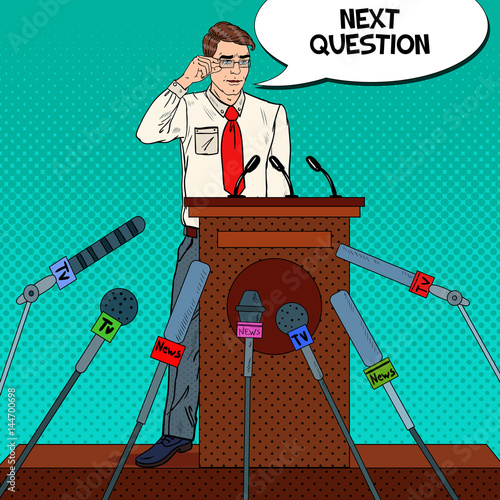 Pop Art Business Man Giving Press Conference. Mass Media Interview. Vector illustration