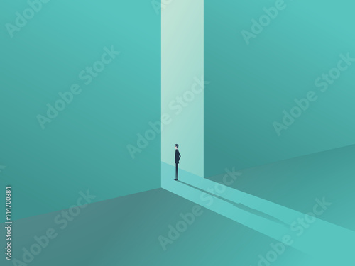 Businessman standing in a gate as a symbol of business opportunities, challenge, vision and future.