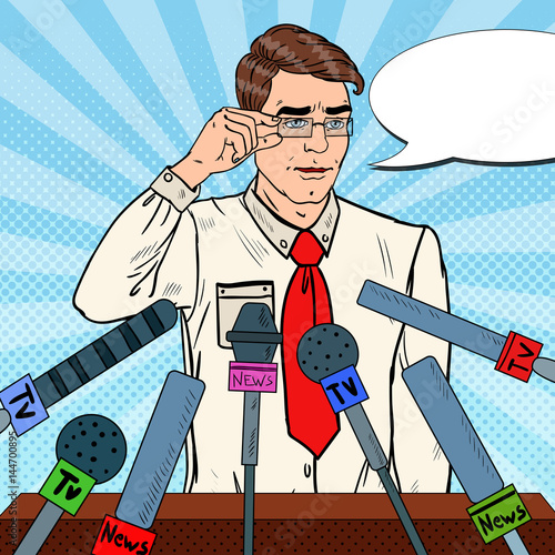 Confident Man Giving Press Conference. Mass Media Interview. Pop Art Vector illustration