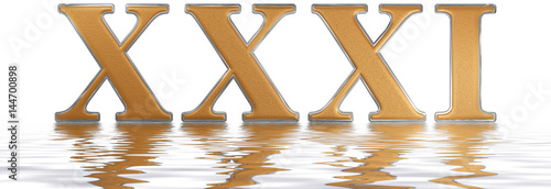 Roman numeral XXXI, unus et triginta, 31, thirty one, reflected on the water surface, isolated on  white, 3d render photo