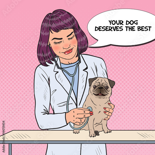 Pop Art Woman Vet Examining Pug Dog. Pet Veterinary. Vector illustration
