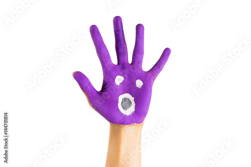 Close up of painted purple child hand with wow face, on isolated white background.