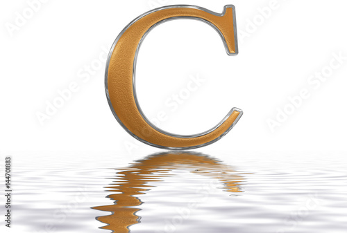 Roman numeral C, centum, 100, one hundred, reflected on the water surface, isolated on  white, 3d render