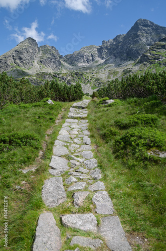 Tatra mountain trail with Swinica and Koscielec peaks in background,blue sky and white clouds.Poland.