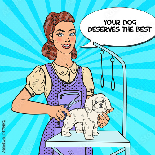 Dog Grooming. Pop Art Woman Groomer with Scissors. Vector illustration