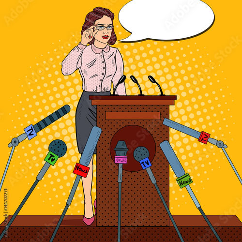 Pop Art Business Woman Giving Press Conference. Mass Media Interview. Vector illustration
