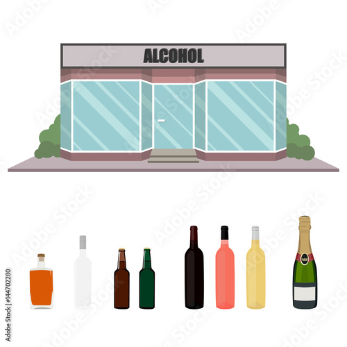 Alcohol bottles and shop facade