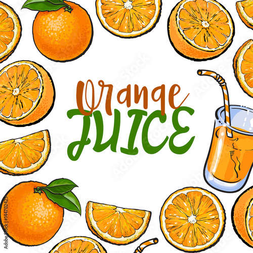 Banner framed with oranges and fresh juice, place for text, sketch vector illustration isolated on white background. Hand drawn frame with whole, sliced oranges, orange juice and place for text