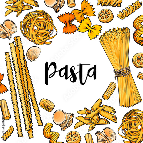 Banner framed with uncooked Italian pasta with place for text, sketch vector illustration isolated on white background. Hand drawn frame with penne, spaghetti, bow pasta and round place for text