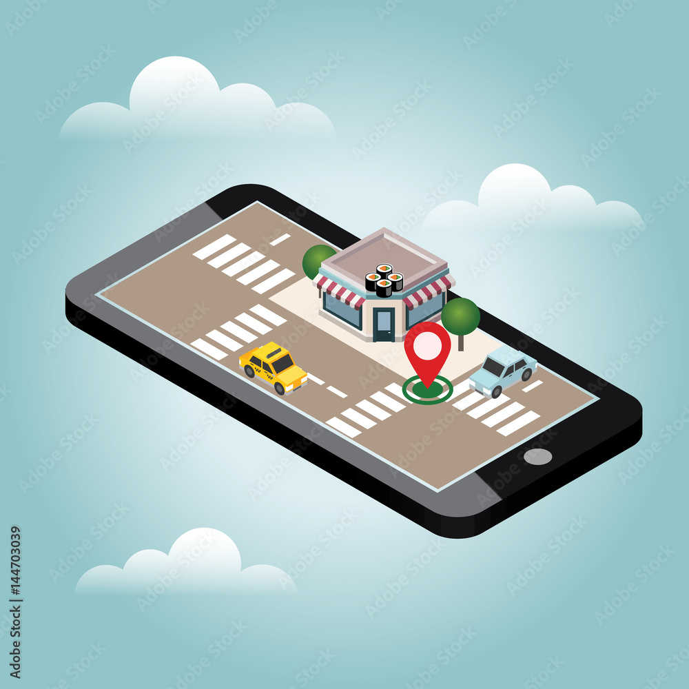 Isometric city. Japanise restraunt. Mobile searching. Geo tracking. Map Isometric city. Japanise restraunt. Mobile searching. Geo tracking. Map