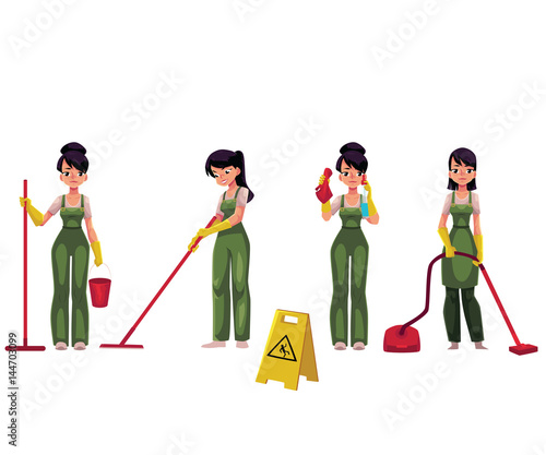 Set of cleaning service girl, charwoman, cleaner in overalls, cartoon vector illustration isolated on white background. Cleaning service girl doing vacuum cleaning, washing, holding mop and bucket