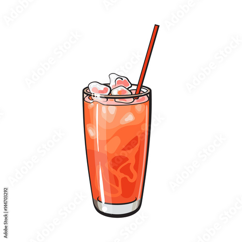 Tall glass full of freshly squeezed cold grapefruit juice with ice and straw, sketch style vector illustration on white background. Hand drawn glass of grapefruit juice with ice